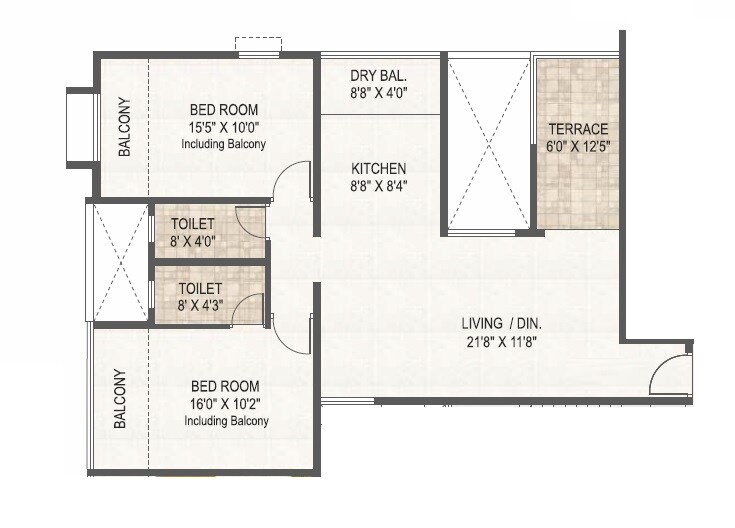 Floor plan of 2 BHK 646 Sq. Ft. Apartment in Kotibhaskar Parshwa, Pune