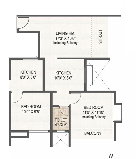 Floor plan of 2 BHK 816 Sq. Ft. Apartment in Kotibhaskar Parshwa, Pune