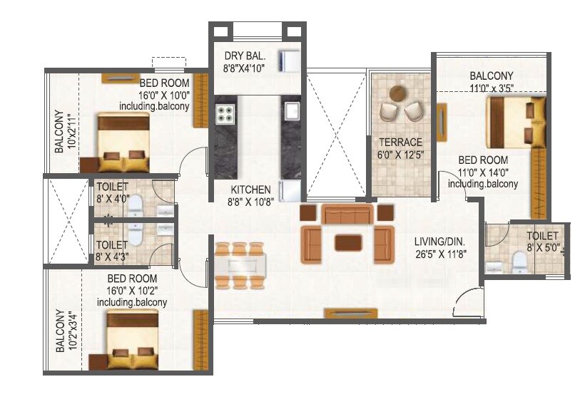 Floor plan of 3 BHK 1055 Sq. Ft. Apartment in Kotibhaskar Parshwa, Pune