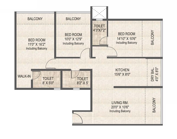 Floor plan of 3 BHK 886 Sq. Ft. Apartment in Kotibhaskar Parshwa, Pune