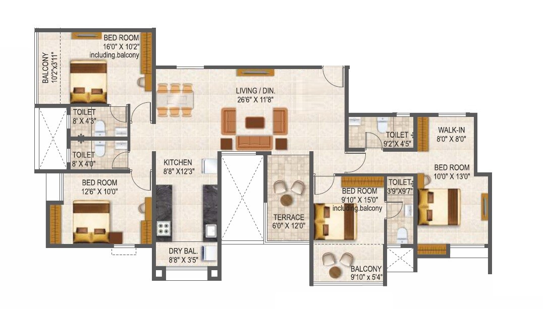 Floor plan of 4 BHK 1229 Sq. Ft. Apartment in Kotibhaskar Parshwa, Pune