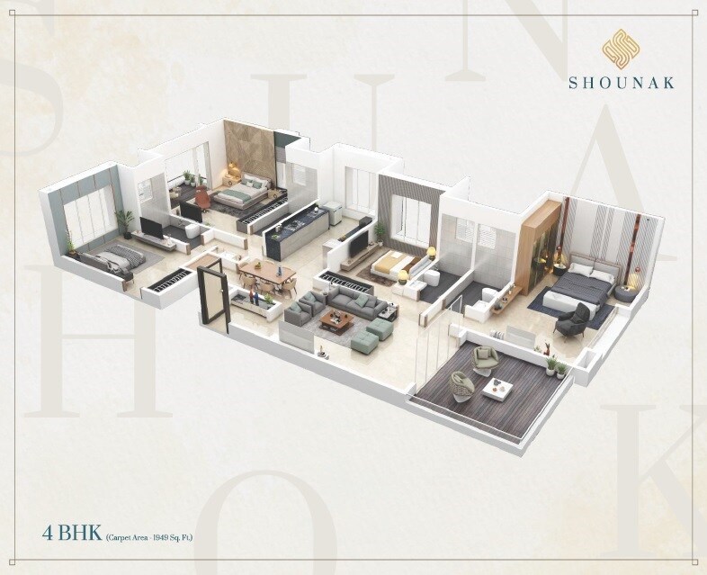 Floor plan of 4 BHK 1949 Sq. Ft. Apartment in Kotibhaskar Shounak CHSL, Pune