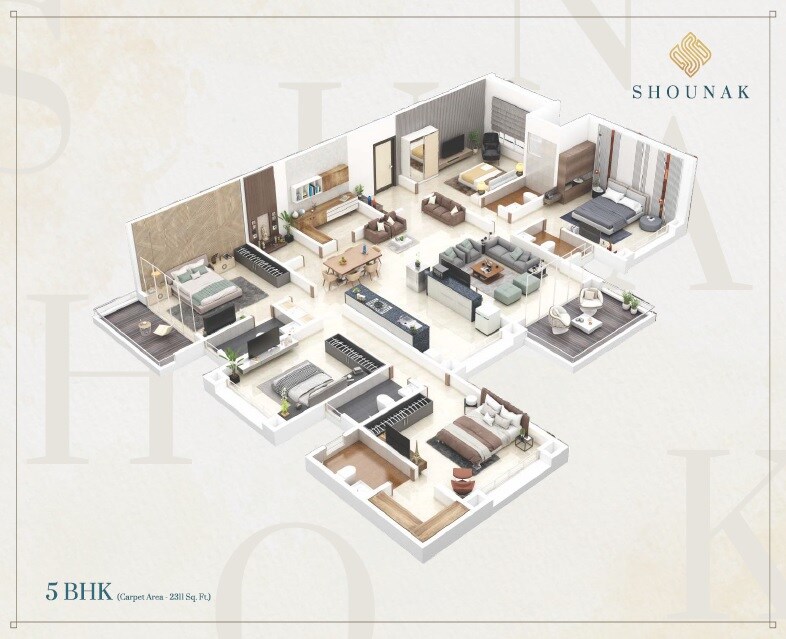 Floor plan of 5 BHK 2311 Sq. Ft. Apartment in Kotibhaskar Shounak CHSL, Pune