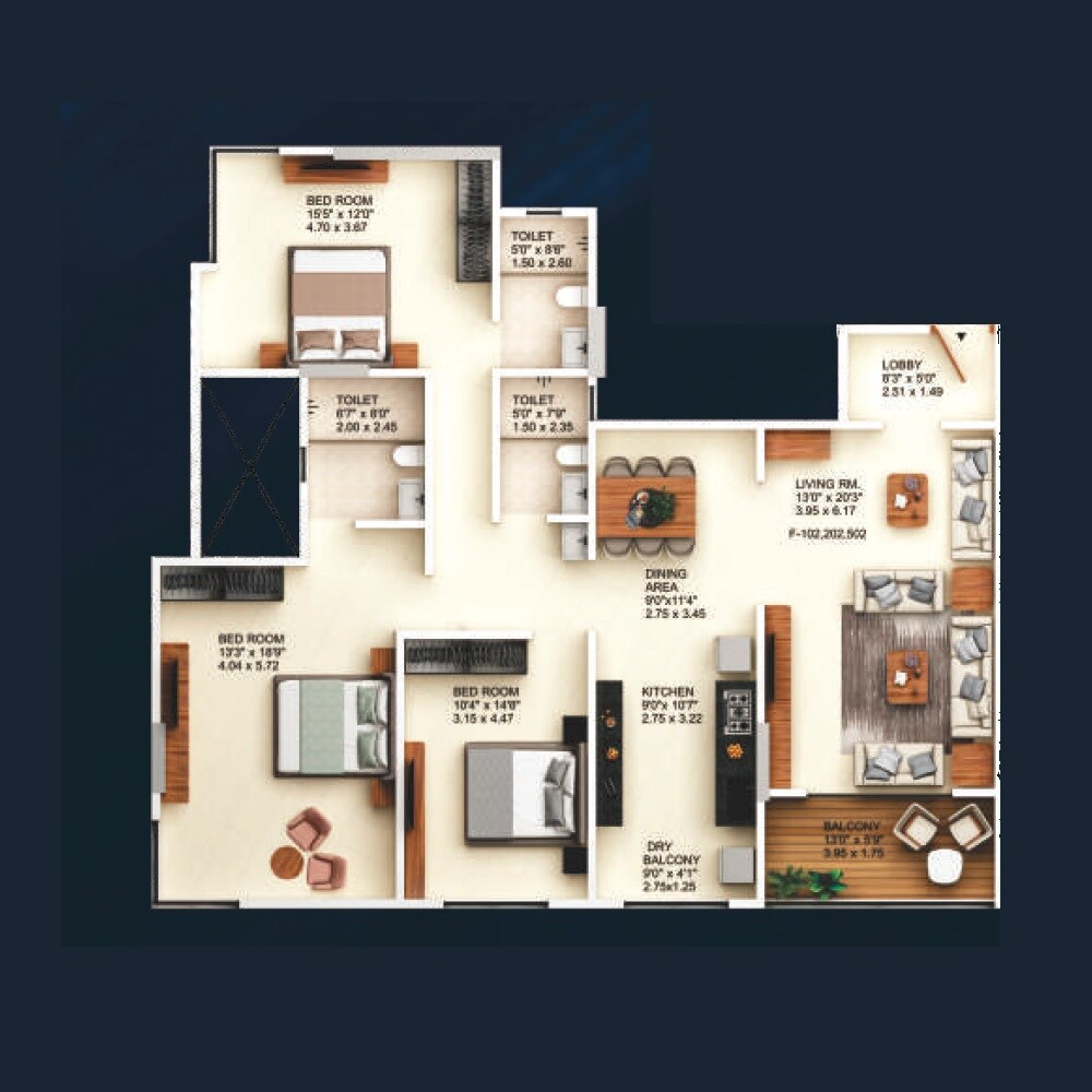 Floor plan of 3 BHK 1501 Sq. Ft. Apartment in Kotibhaskar Varsha CHSL, Pune