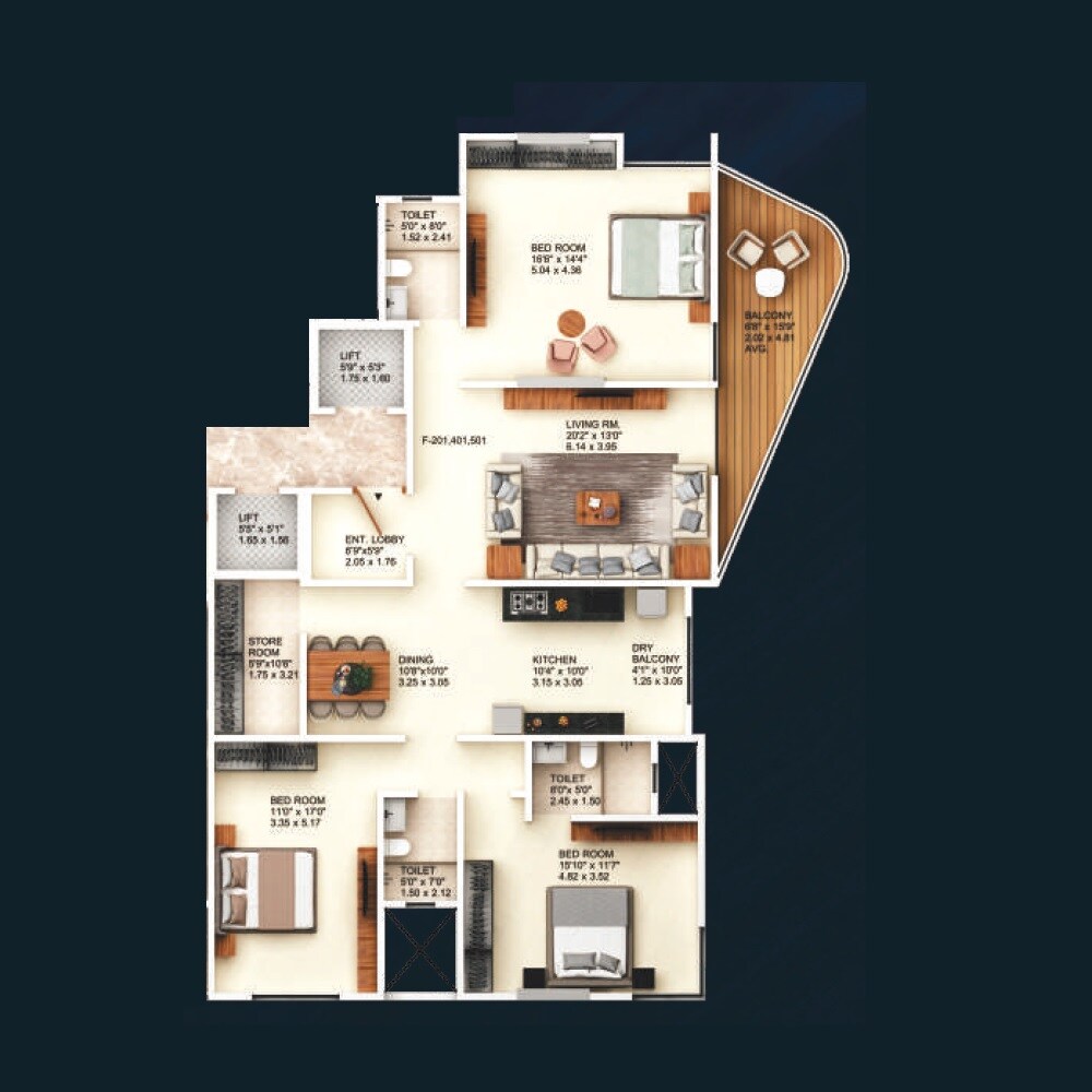 Floor plan of 3 BHK 1616 Sq. Ft. Apartment in Kotibhaskar Varsha CHSL, Pune