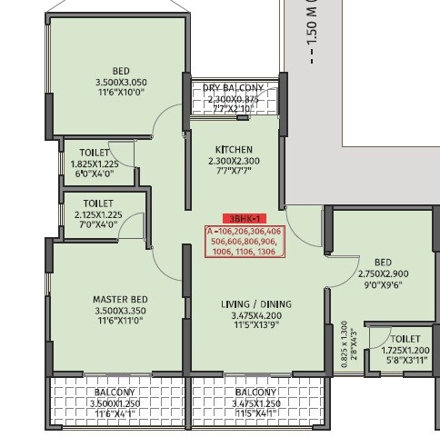 Floor plan of 3 BHK 819 Sq. Ft. Apartment in Krisala 41 Evoke, Pune