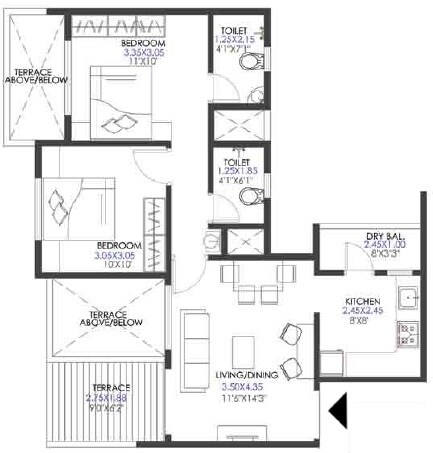 Floor plan of 2 BHK 718 Sq. Ft. Apartment in Krisala 41 Elite, Pune