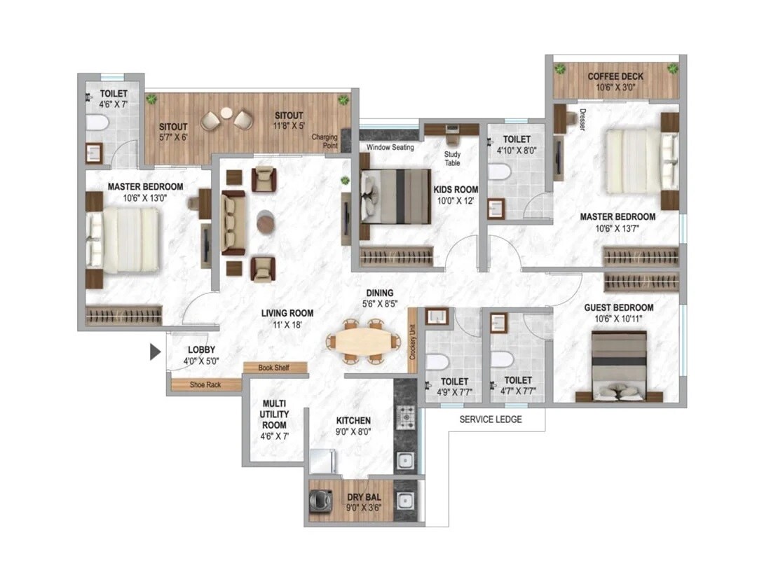 Floor plan of 4 BHK 1326 Sq. Ft. Apartment in Krisala 41 Luxovert, Pune