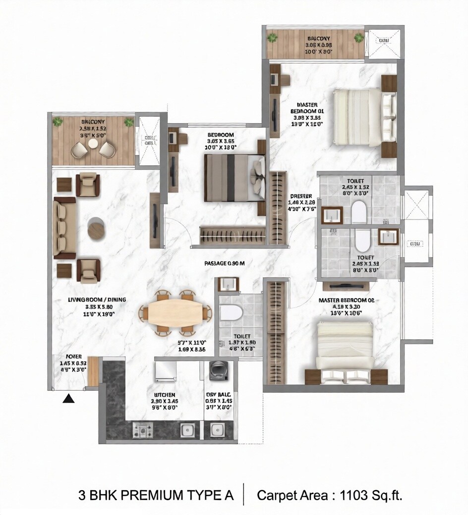 3 BHK 1103 Sq. Ft. Apartment