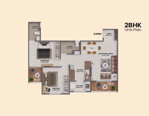 Floor plan of 2 BHK 831 Sq. Ft. Apartment in Krisala Sky Elegance, Pune