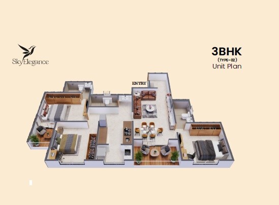 Floor plan of 3 BHK 1090 Sq. Ft. Apartment in Krisala Sky Elegance, Pune