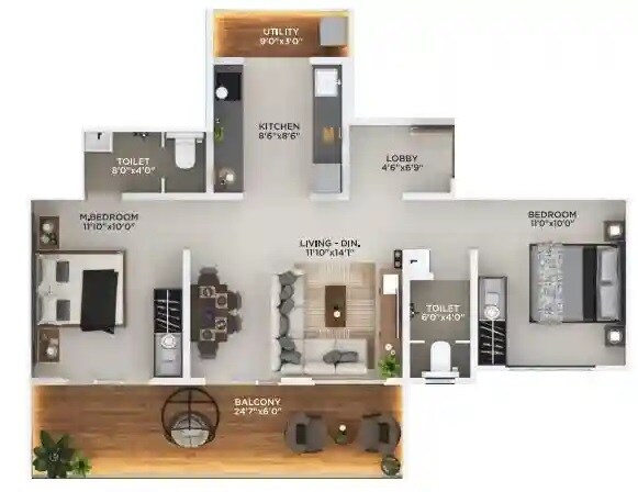 Floor plan of 2 BHK 769 Sq. Ft. Apartment in Krishiv Vista, Pune