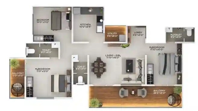 Floor plan of 3 BHK 1006 Sq. Ft. Apartment in Krishiv Vista, Pune