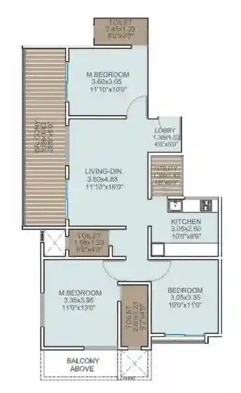 Floor plan of 3 BHK 1052 Sq. Ft. Apartment in Krishiv Vista, Pune