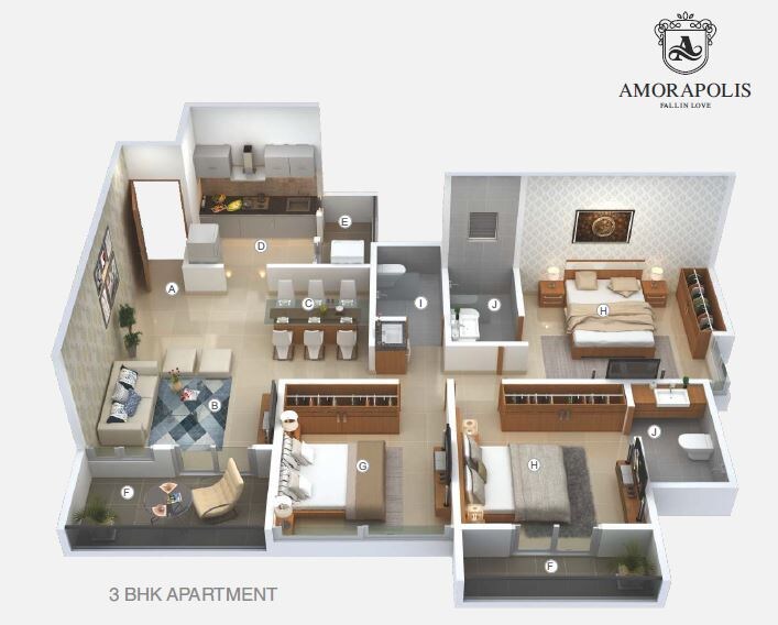 Floor plan of 3 BHK 1111 Sq. Ft. Apartment in Krishna Aeropolis, Pune
