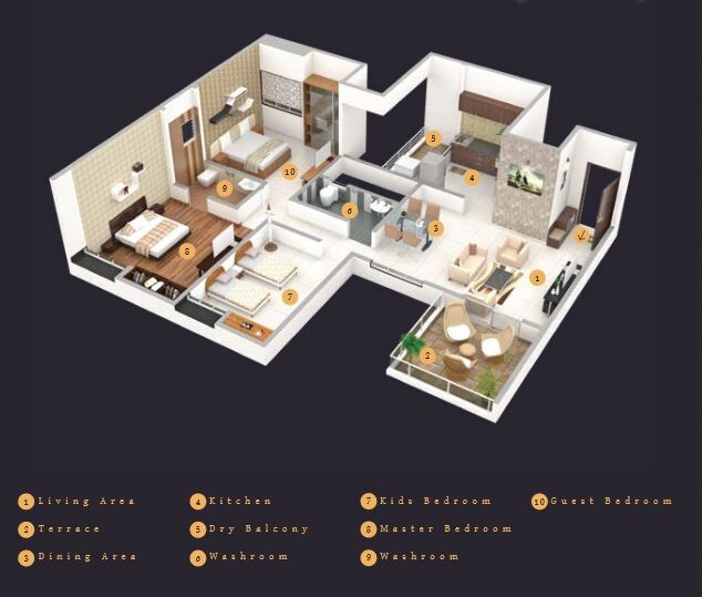 Floor plan of 2 BHK 865 Sq. Ft. Apartment in Krishna Aeropolis Phase 3, Pune