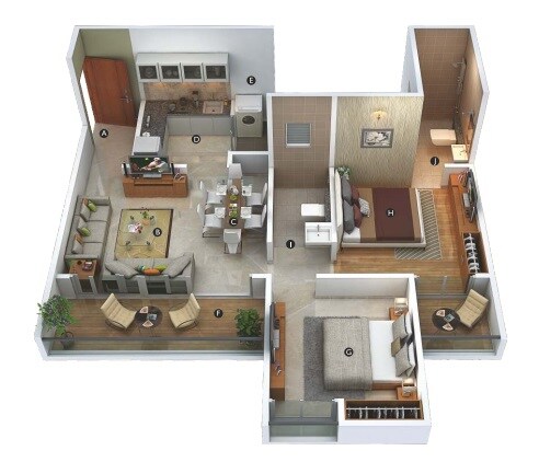 Floor plan of 2 BHK 743 Sq. Ft. Apartment in Krishna Amarillo, Pune