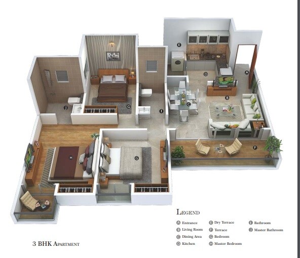 Floor plan of 3 BHK 925 Sq. Ft. Apartment in Krishna Amarillo, Pune