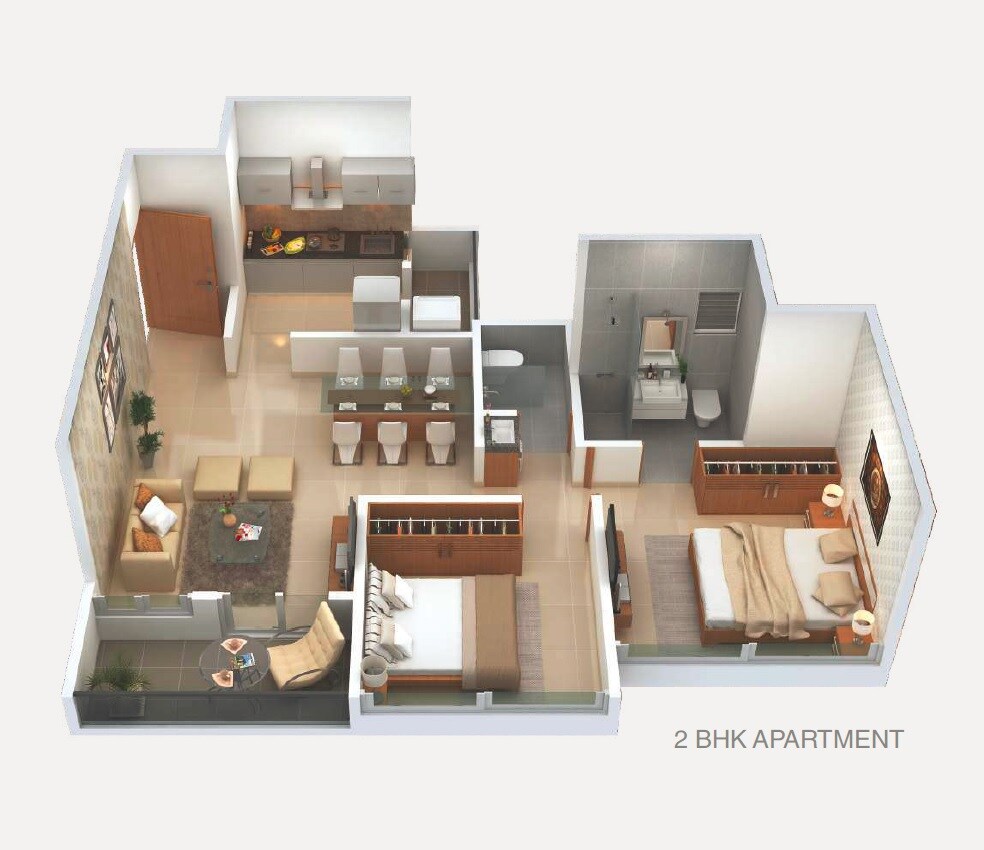 Floor plan of 2 BHK 704 Sq. Ft. Apartment in Krishna Amorapolis, Pune