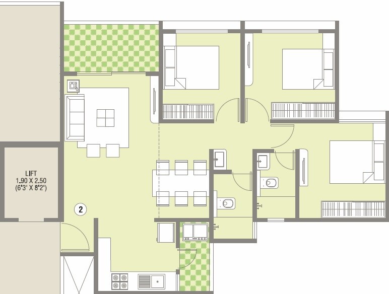 Floor plan of 3 BHK 1021 Sq. Ft. Apartment in Krishna Amorapolis, Pune