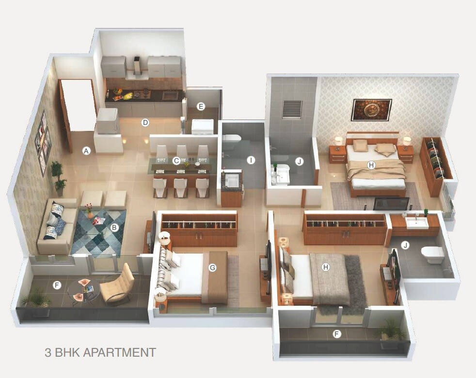 Floor plan of 3 BHK 876 Sq. Ft. Apartment in Krishna Amorapolis, Pune