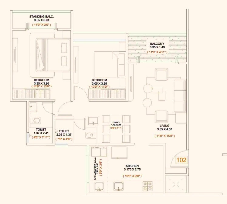 Floor plan of 2 BHK 830 Sq. Ft. Apartment in Krishna Austin, Pune
