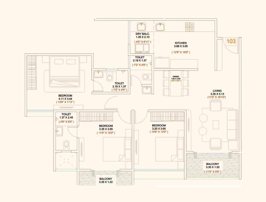 Floor plan of 3 BHK 1136 Sq. Ft. Apartment in Krishna Austin, Pune