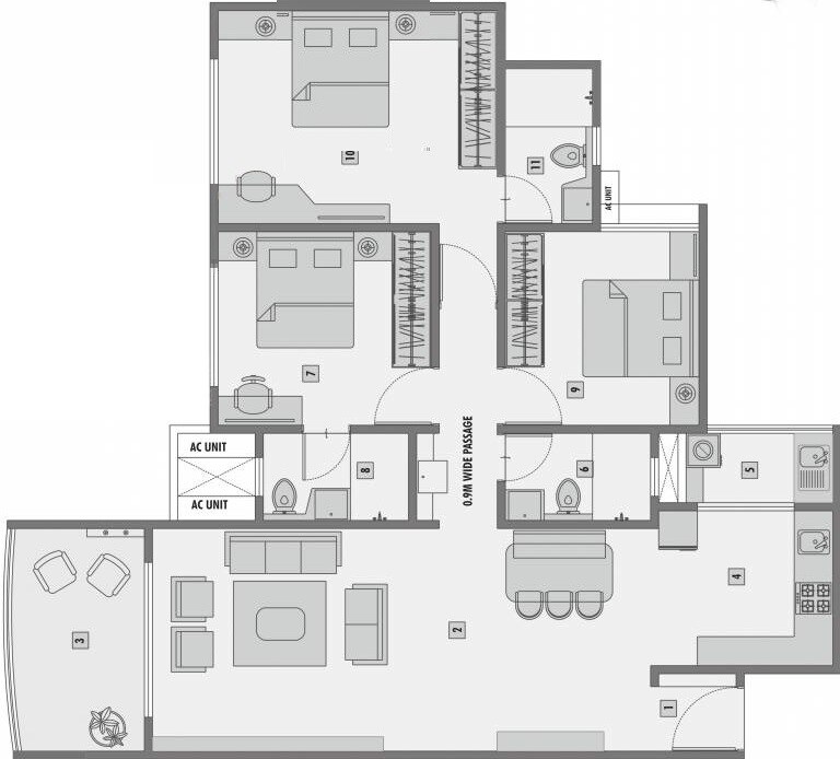 Floor plan of 3 BHK 1065 Sq. Ft. Apartment in Krishna Fairmont, Pune