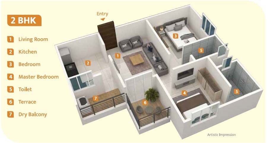Floor plan of 2 BHK 574 Sq. Ft. Apartment in Krishna Lake Town, Pune