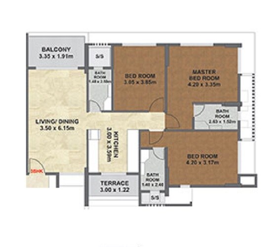Floor plan of 3 BHK 1009 Sq. Ft. Apartment in Krishna Lotus Court, Pune