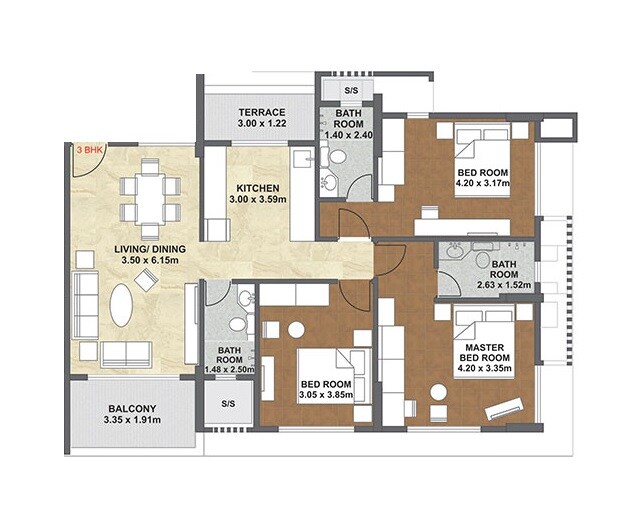 3 BHK 886 Sq. Ft. Apartment