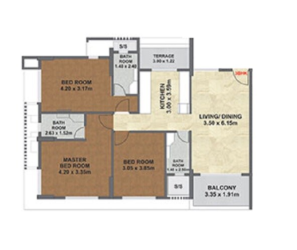 Floor plan of 3 BHK 921 Sq. Ft. Apartment in Krishna Lotus Court, Pune