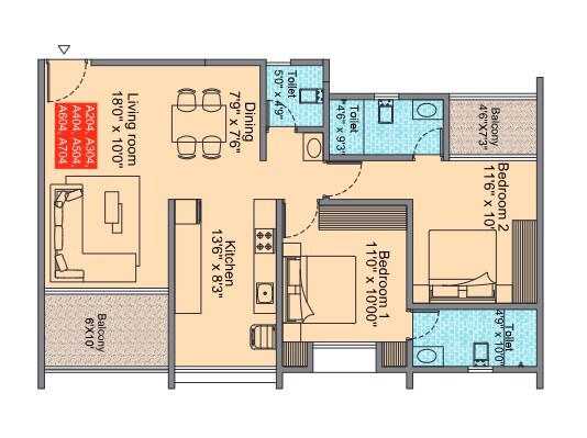 Floor plan of 2 BHK 901 Sq. Ft. Apartment in Krishna Sai Mangalam, Pune