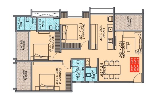 Floor plan of 3 BHK 1078 Sq. Ft. Apartment in Krishna Sai Mangalam, Pune
