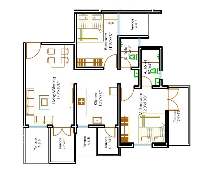 Floor plan of 2 BHK 598 Sq. Ft. Apartment in Krishna Smruti Garden, Pune