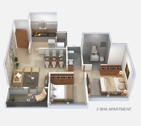 Floor plan of 2 BHK 690 Sq. Ft. Apartment in Krisna Nirmaan Amorapolis C Wing, Pune