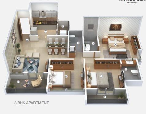 Floor plan of 3 BHK 1002 Sq. Ft. Apartment in Krisna Nirmaan Amorapolis C Wing, Pune