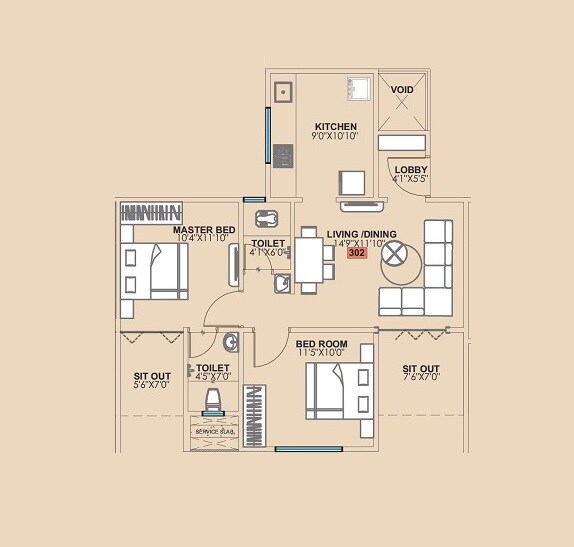 Floor plan of 2 BHK 716 Sq. Ft. Apartment in Krupasindhu Town Square, Pune