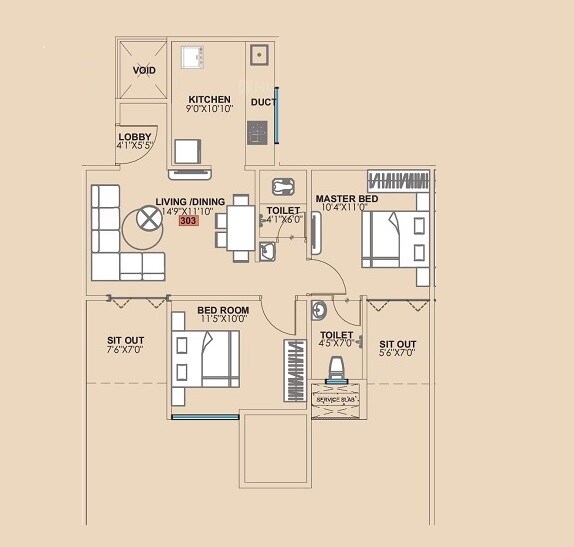 Floor plan of 2 BHK 726 Sq. Ft. Apartment in Krupasindhu Town Square, Pune