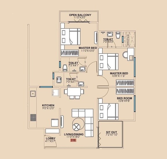 Floor plan of 3 BHK 925 Sq. Ft. Apartment in Krupasindhu Town Square, Pune