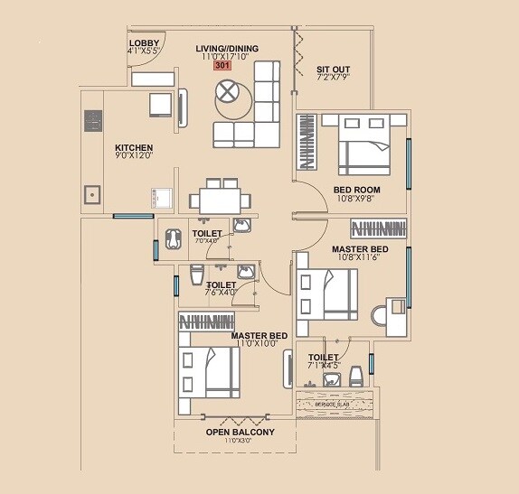 Floor plan of 3 BHK 936 Sq. Ft. Apartment in Krupasindhu Town Square, Pune