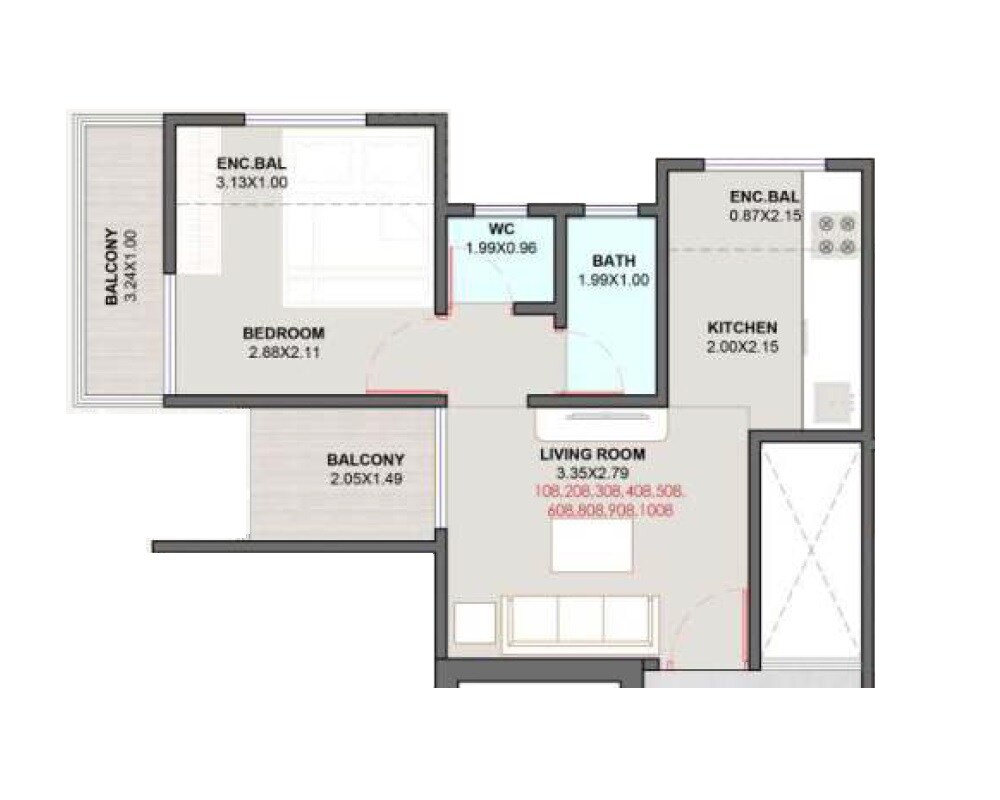 Floor plan of 1 BHK Apartment - 382 sq. ft. in Krushna Rivereast Residency, Pune
