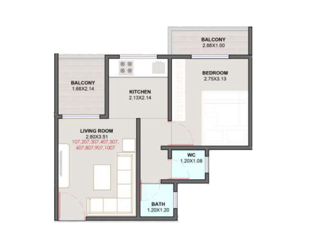 Floor plan of 1 BHK Apartment - 387 sq. ft. in Krushna Rivereast Residency, Pune