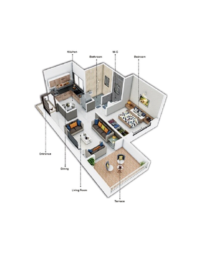 Floor plan of 1 BHK 373 Sq. Ft. Apartment in Krushnarang Ventila Park, Pune