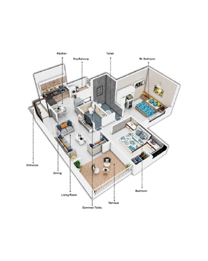 Floor plan of 2 BHK 444 Sq. Ft. Apartment in Krushnarang Ventila Park, Pune