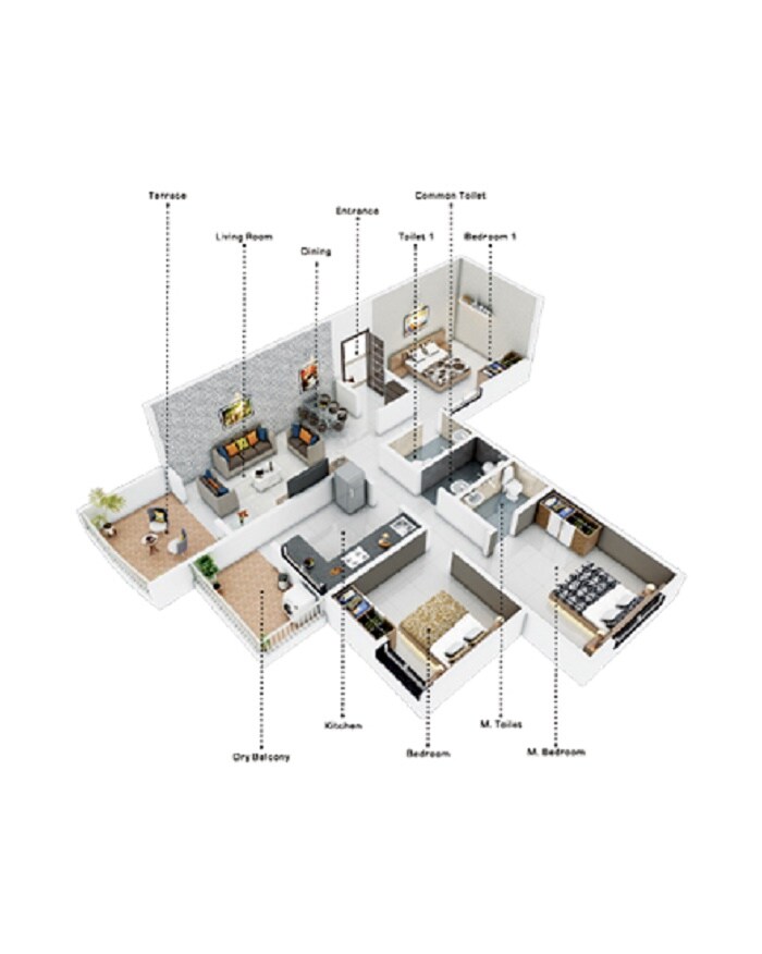 Floor plan of 3 BHK 722 Sq. Ft. Apartment in Krushnarang Ventila Park, Pune
