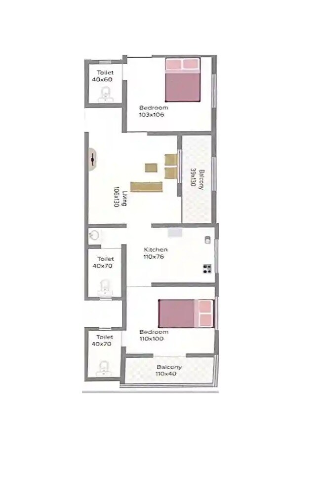 Floor plan of 2 BHK 686 Sq. Ft. Apartment in Kuber Ananta, Pune