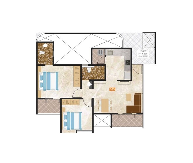 Floor plan of 2 BHK 730 Sq. Ft. Apartment in Kuber Antonia, Pune