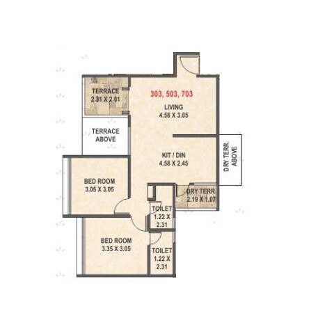 Floor plan of 2 BHK 681 Sq. Ft. Apartment in Kuber Imperia, Pune
