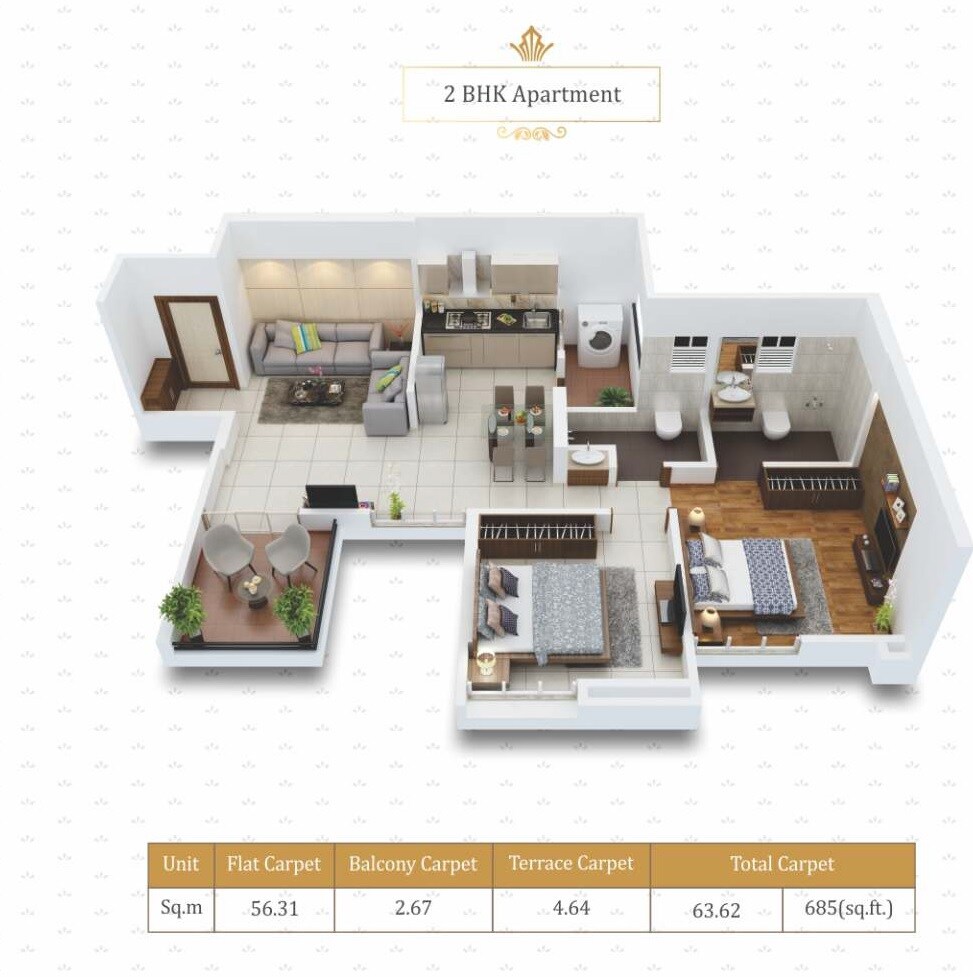 Floor plan of 2 BHK 685 Sq. Ft. Apartment in Kuber Imperia, Pune